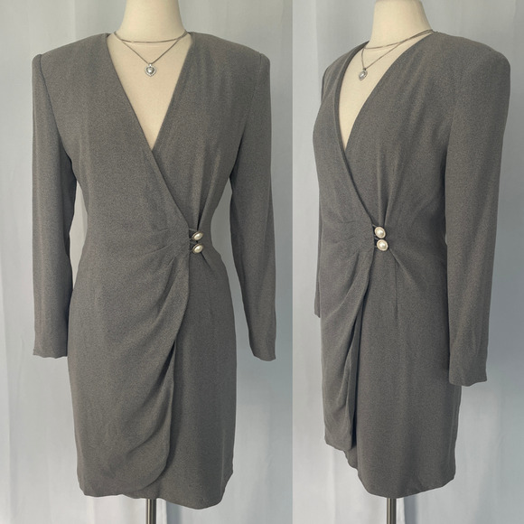 Vintage Wrap Dress Size 10 Gray Solid Longe Sleeve Pencil Office Secretary 80s - Picture 1 of 16